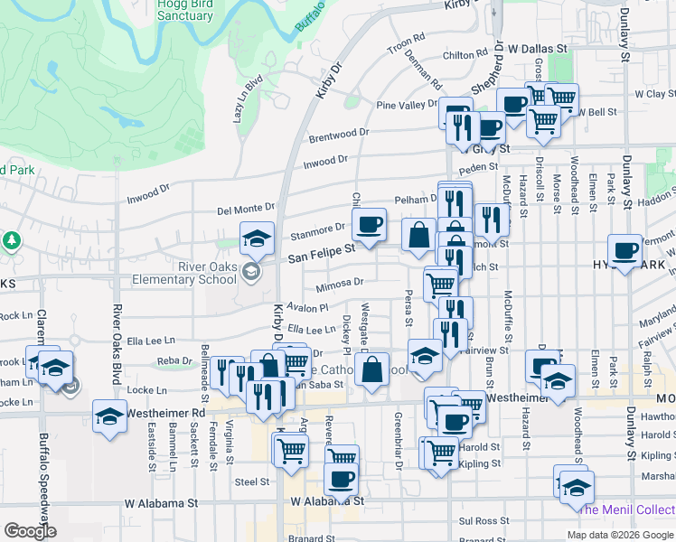 map of restaurants, bars, coffee shops, grocery stores, and more near 1918 Revere Street in Houston