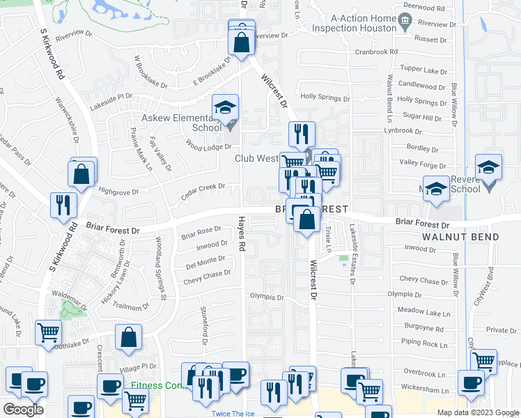 map of restaurants, bars, coffee shops, grocery stores, and more near 122 Briar Forest Drive in Houston