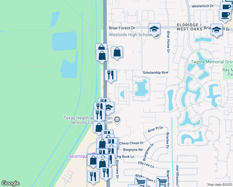 map of restaurants, bars, coffee shops, grocery stores, and more near 2002 Palm Forest Lane in Houston