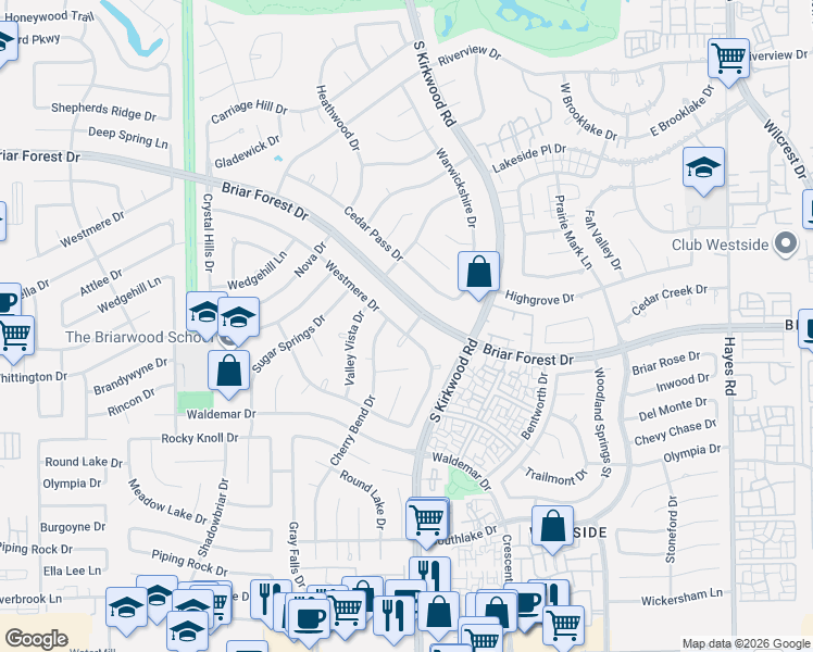 map of restaurants, bars, coffee shops, grocery stores, and more near 11846 Westmere Drive in Houston