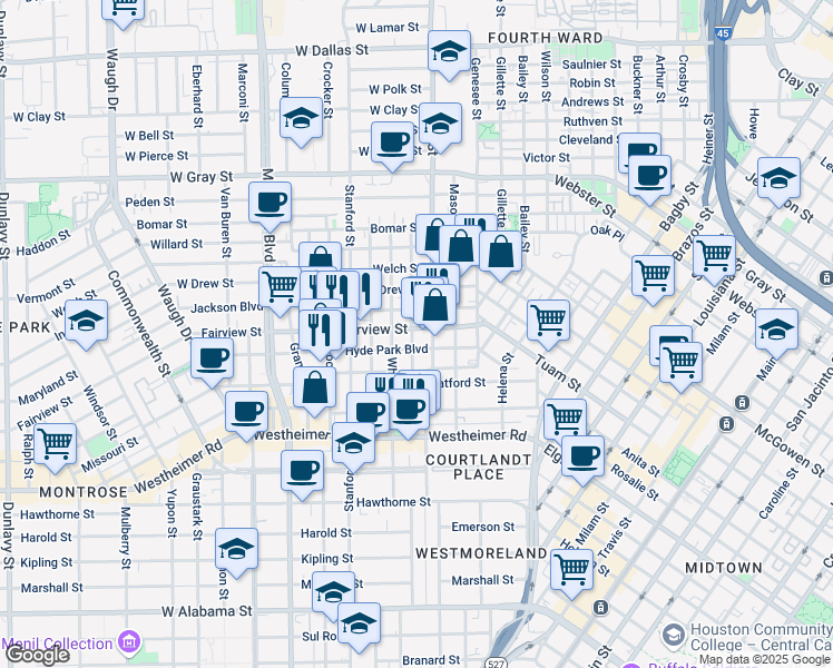 map of restaurants, bars, coffee shops, grocery stores, and more near 315 Fairview Street in Houston