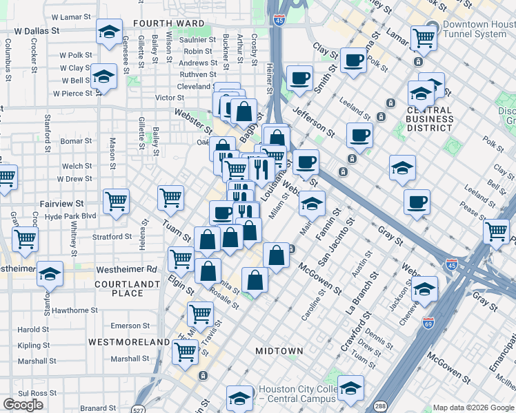 map of restaurants, bars, coffee shops, grocery stores, and more near Louisiana Street in Houston