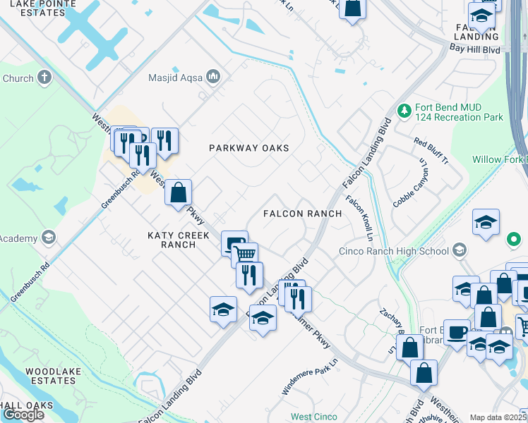 map of restaurants, bars, coffee shops, grocery stores, and more near 2803 Shadow Canyon Lane in Katy