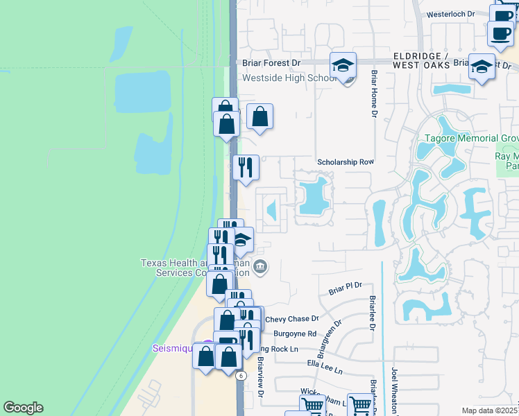 map of restaurants, bars, coffee shops, grocery stores, and more near 2002 Palm Forest Lane in Houston