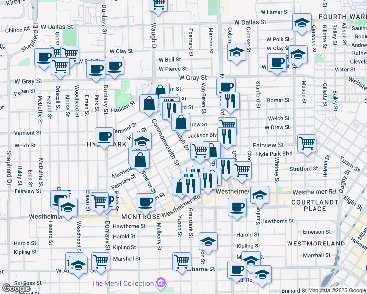 map of restaurants, bars, coffee shops, grocery stores, and more near 2318 Waugh Drive in Houston