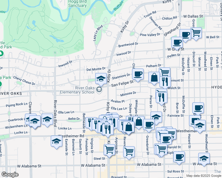 map of restaurants, bars, coffee shops, grocery stores, and more near 2001 Kirby Drive in Houston