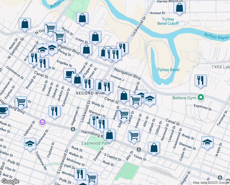 map of restaurants, bars, coffee shops, grocery stores, and more near 211 North Bryan Street in Houston