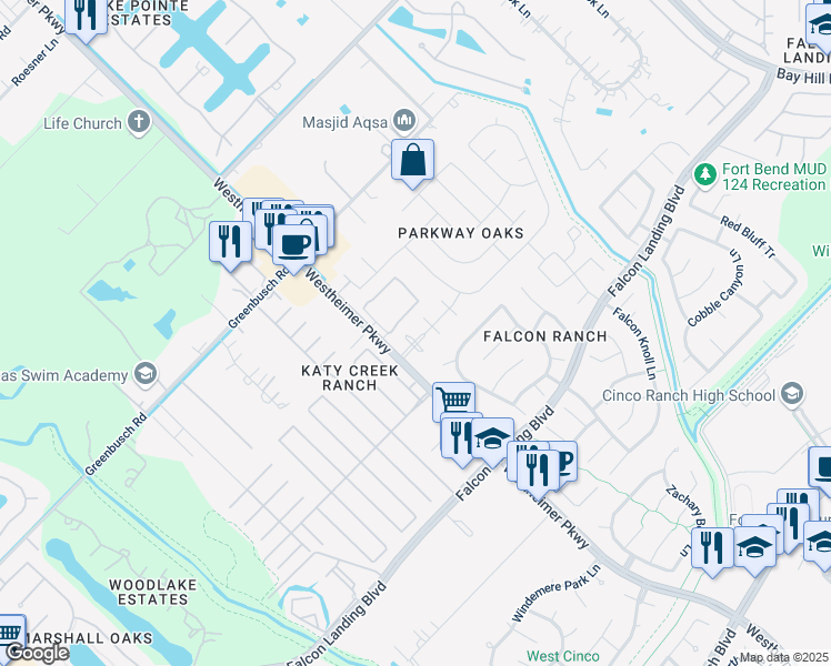 map of restaurants, bars, coffee shops, grocery stores, and more near 25122 Summer Walk Lane in Katy