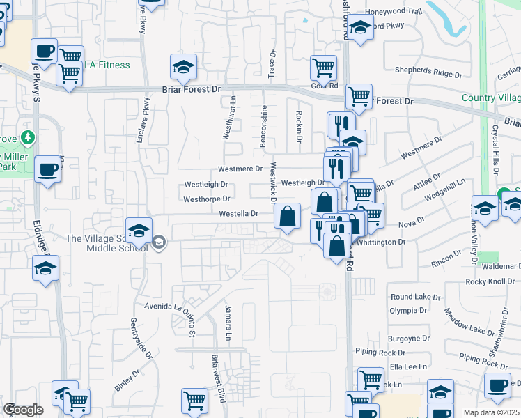 map of restaurants, bars, coffee shops, grocery stores, and more near 12814 Westella Drive in Houston
