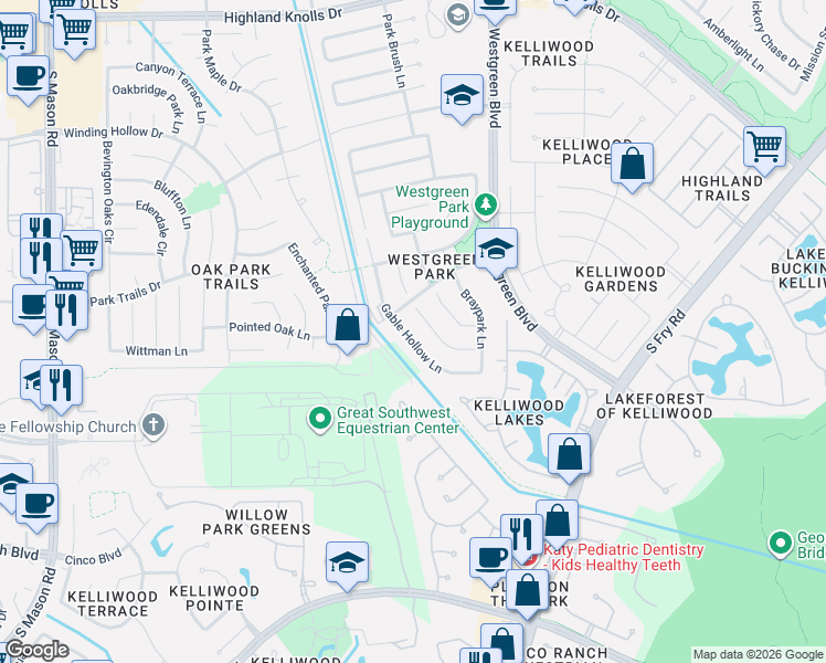 map of restaurants, bars, coffee shops, grocery stores, and more near 2319 Gable Hollow Lane in Katy