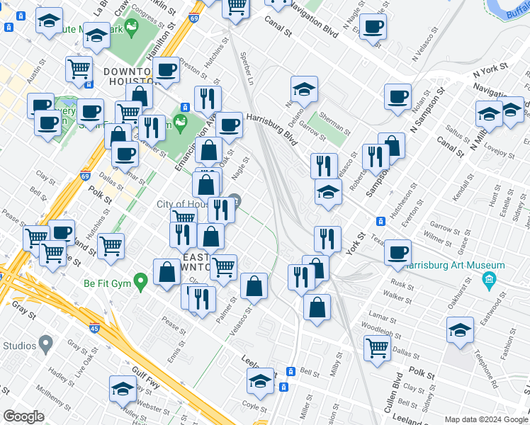 map of restaurants, bars, coffee shops, grocery stores, and more near 2952 Rusk Street in Houston