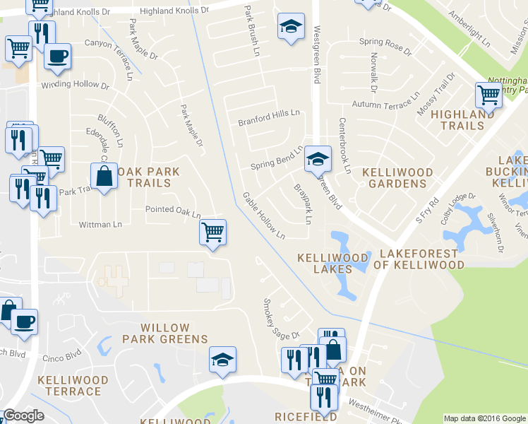 map of restaurants, bars, coffee shops, grocery stores, and more near 2319 Gable Hollow Lane in Katy