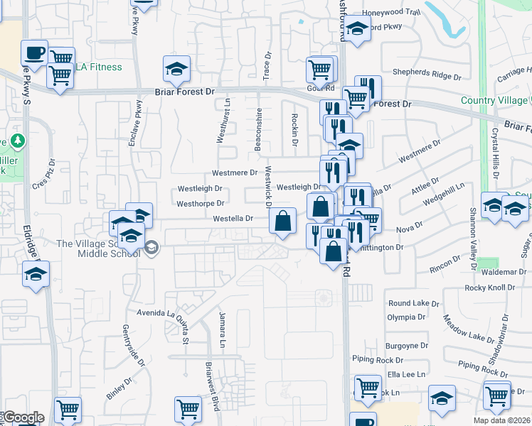 map of restaurants, bars, coffee shops, grocery stores, and more near 12814 Westella Drive in Houston