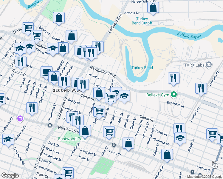 map of restaurants, bars, coffee shops, grocery stores, and more near 302 Engel Street in Houston