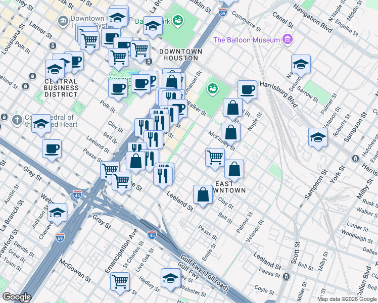 map of restaurants, bars, coffee shops, grocery stores, and more near 1224 Dowling Street in Houston