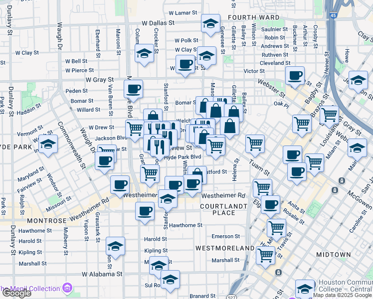 map of restaurants, bars, coffee shops, grocery stores, and more near 315 Fairview Street in Houston