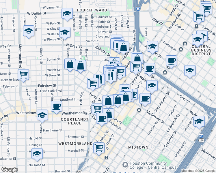 map of restaurants, bars, coffee shops, grocery stores, and more near 410 McGowen Street in Houston
