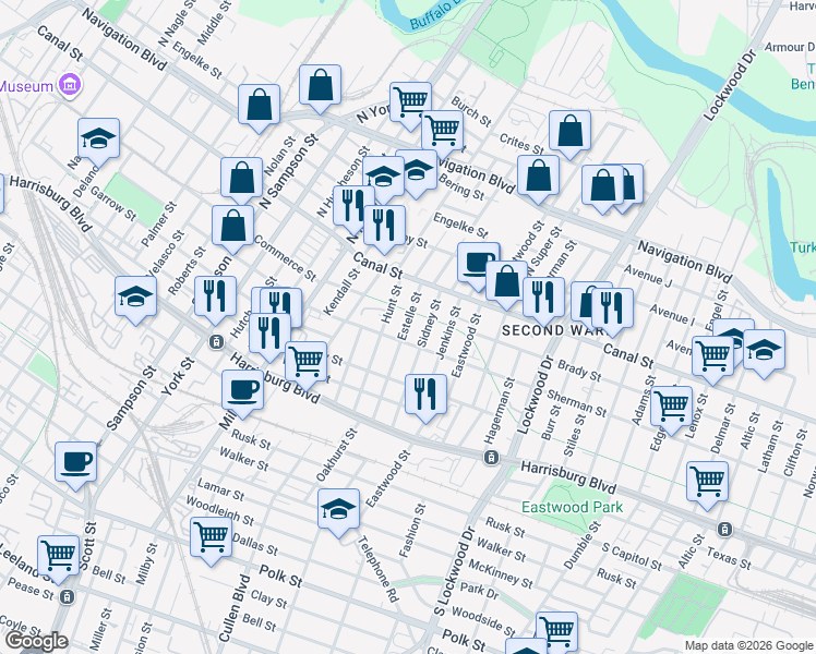 map of restaurants, bars, coffee shops, grocery stores, and more near 109 Estelle Street in Houston
