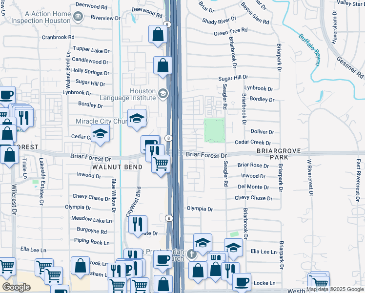 map of restaurants, bars, coffee shops, grocery stores, and more near 1445 West Sam Houston Parkway South in Houston