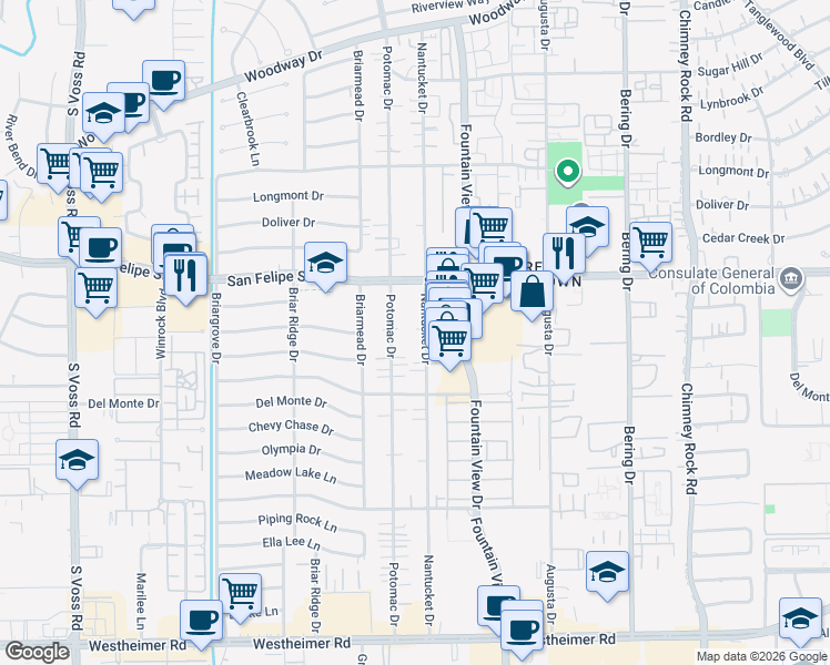 map of restaurants, bars, coffee shops, grocery stores, and more near 1811 Potomac Drive in Houston