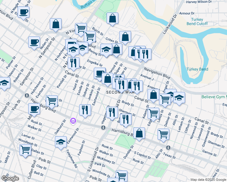 map of restaurants, bars, coffee shops, grocery stores, and more near 4526 Canal Street in Houston