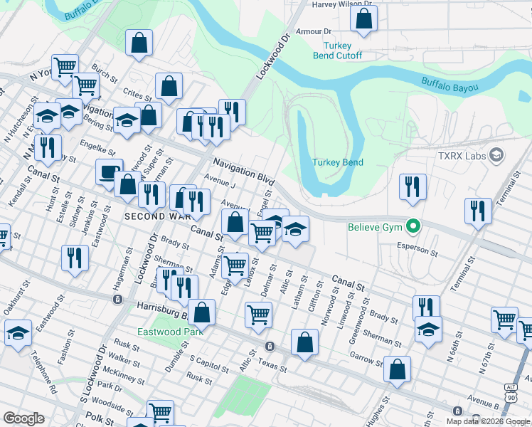 map of restaurants, bars, coffee shops, grocery stores, and more near 302 Engel Street in Houston