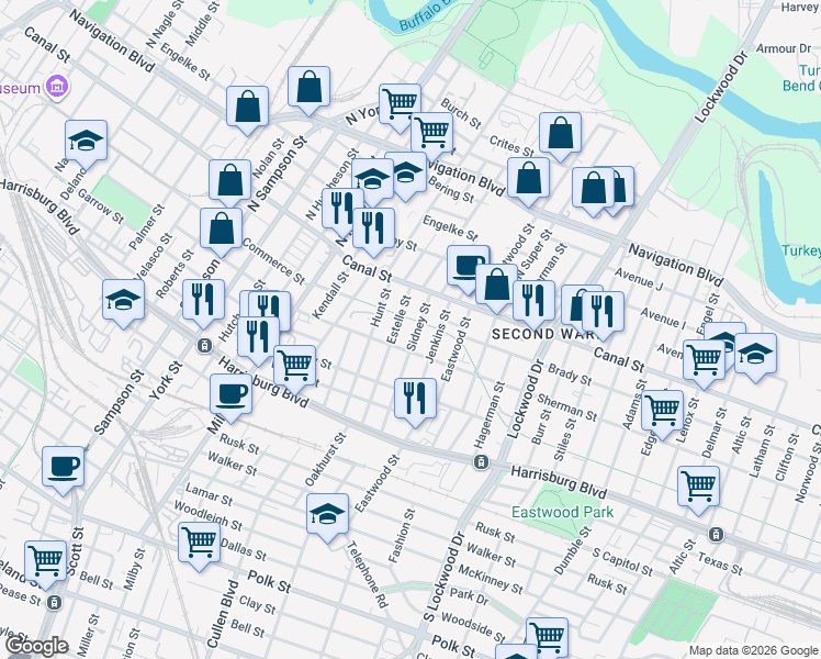 map of restaurants, bars, coffee shops, grocery stores, and more near 109 Estelle Street in Houston