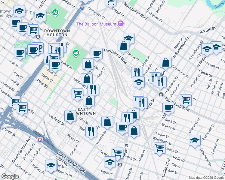 map of restaurants, bars, coffee shops, grocery stores, and more near 2928 Rusk Street in Houston