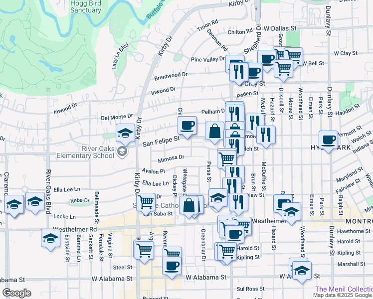 map of restaurants, bars, coffee shops, grocery stores, and more near 2241 Welch Street in Houston