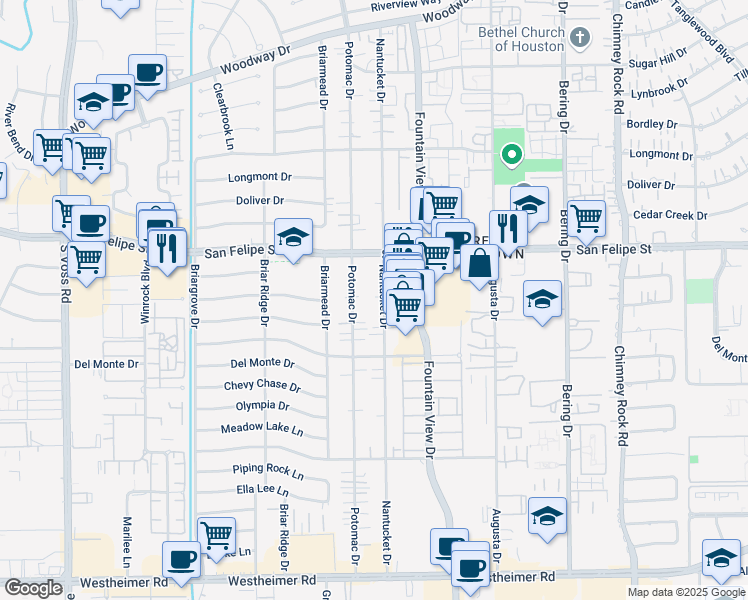 map of restaurants, bars, coffee shops, grocery stores, and more near 1811 Potomac Drive in Houston