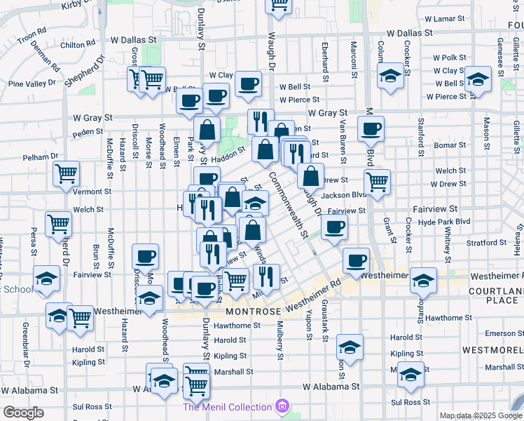 map of restaurants, bars, coffee shops, grocery stores, and more near 1536 Michigan Street in Houston