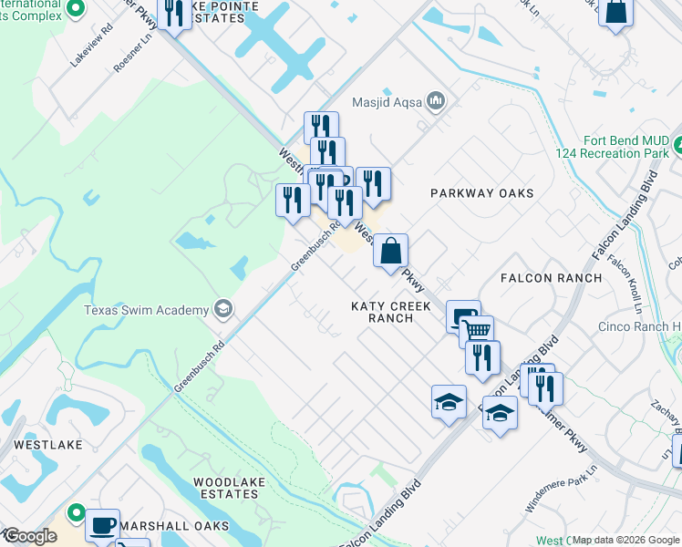 map of restaurants, bars, coffee shops, grocery stores, and more near 3118 Myrtle Ranch Drive in Katy