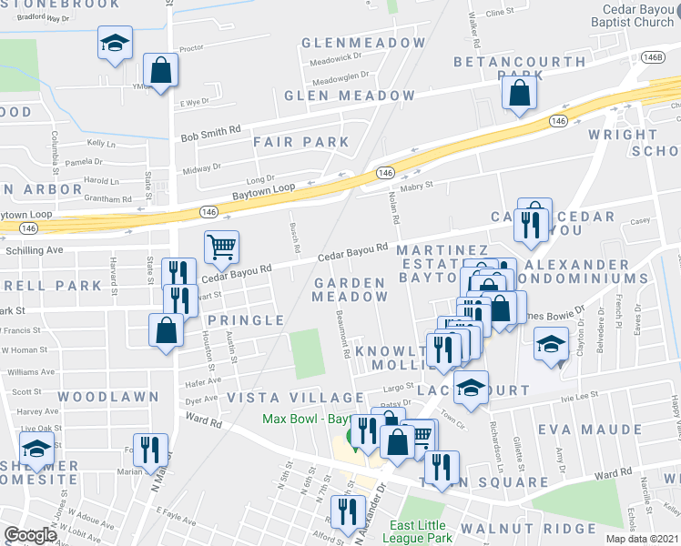 map of restaurants, bars, coffee shops, grocery stores, and more near 2106 Beaumont Road in Baytown