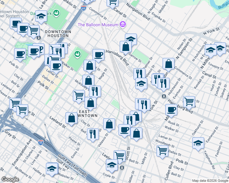 map of restaurants, bars, coffee shops, grocery stores, and more near 2928 Rusk Street in Houston