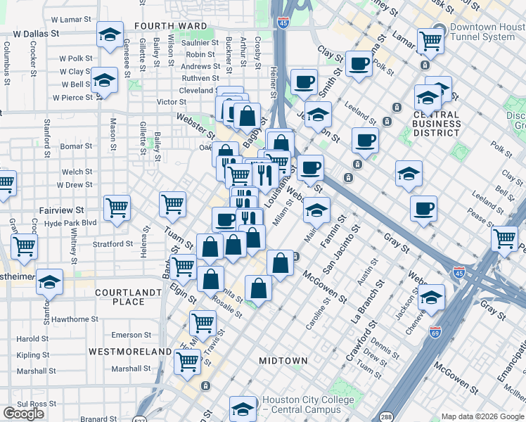 map of restaurants, bars, coffee shops, grocery stores, and more near Louisiana Street in Houston