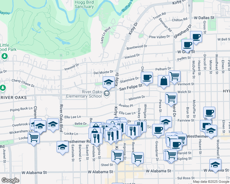 map of restaurants, bars, coffee shops, grocery stores, and more near 2008 Kirby Drive in Houston