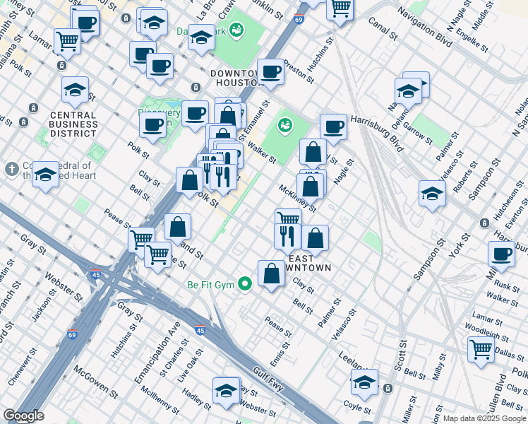 map of restaurants, bars, coffee shops, grocery stores, and more near 2412 Dallas Street in Houston