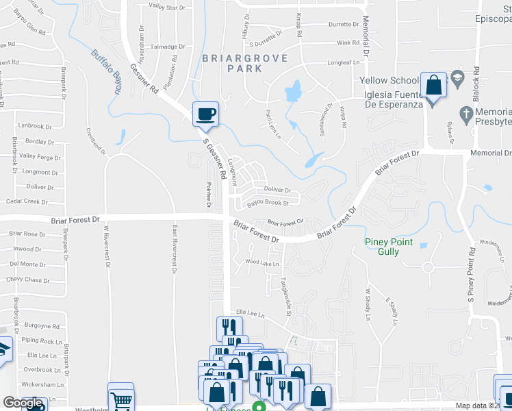 map of restaurants, bars, coffee shops, grocery stores, and more near 9605 Bayou Brook Street in Houston
