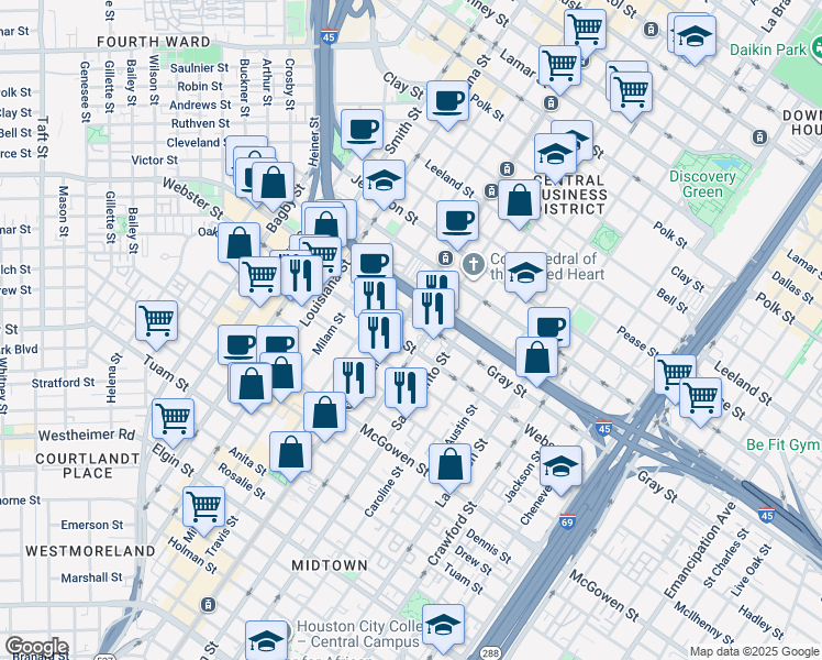 map of restaurants, bars, coffee shops, grocery stores, and more near 15 Webster Street in Houston