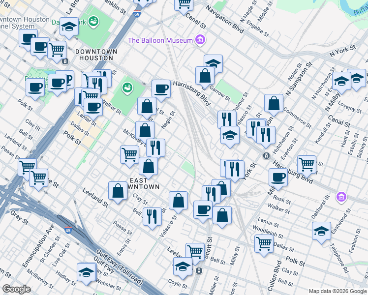 map of restaurants, bars, coffee shops, grocery stores, and more near 2928 Rusk Street in Houston
