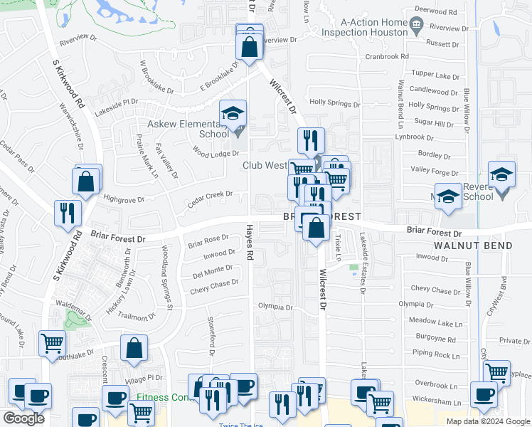 map of restaurants, bars, coffee shops, grocery stores, and more near 122 Briar Forest Drive in Houston