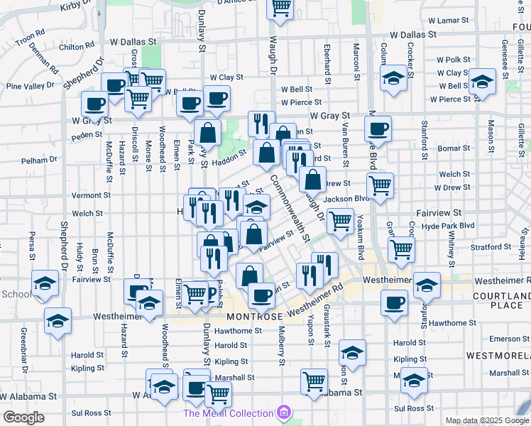 map of restaurants, bars, coffee shops, grocery stores, and more near 1536 Michigan Street in Houston