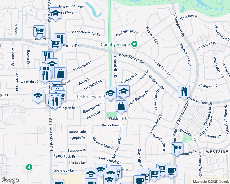 map of restaurants, bars, coffee shops, grocery stores, and more near 1708 Crystal Hills Drive in Houston
