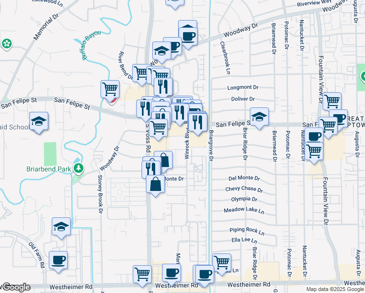 map of restaurants, bars, coffee shops, grocery stores, and more near 1950 Winrock Boulevard in Houston