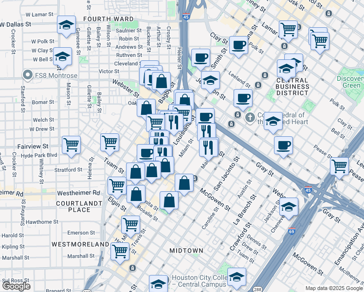 map of restaurants, bars, coffee shops, grocery stores, and more near 2304 Milam Street in Houston