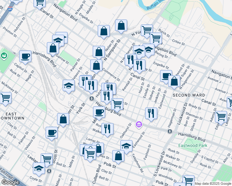 map of restaurants, bars, coffee shops, grocery stores, and more near 216 Milby Street in Houston