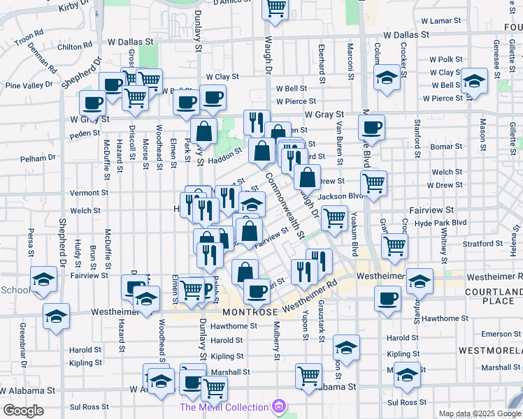 map of restaurants, bars, coffee shops, grocery stores, and more near 1536 Michigan Street in Houston