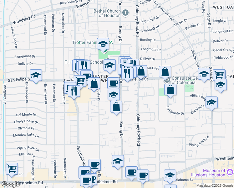 map of restaurants, bars, coffee shops, grocery stores, and more near 5806 Inwood Park Court in Houston