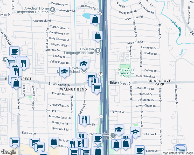 map of restaurants, bars, coffee shops, grocery stores, and more near in Houston