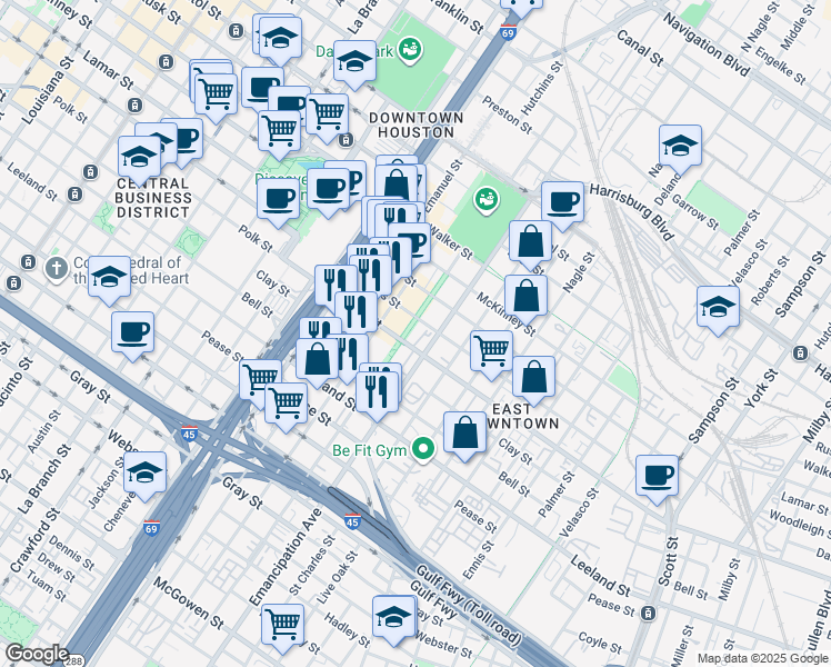 map of restaurants, bars, coffee shops, grocery stores, and more near 2302 Dallas Street in Houston